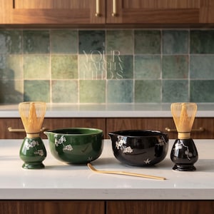 Matcha-set kersenbloesem, keramische Chawan-kom + bijpassende houder, Japanse theeceremonie cadeau, groene of zwarte matcha-set