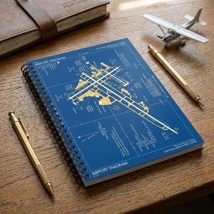 May include: A spiral-bound notebook with a blue cover featuring a detailed airport diagram in yellow and white. The text "AIRPORT DIAGRAM" is visible. Two gold pens and a model airplane are on a wooden surface.