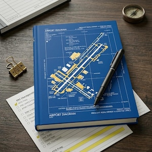 May include: A blue hardcover notebook with an airport diagram on the cover, a black pen, and a checklist. The notebook's cover features a detailed yellow and white airport layout. A gold paper clip and a compass are also visible.