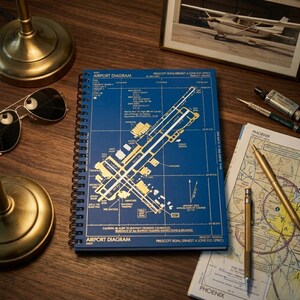 May include: A blue spiral-bound notebook with a gold airport diagram, titled "Airport Diagram Prescott RGNL/Ernest A Love FLD (PRC)". The notebook is open on a wooden surface, with pens, sunglasses, and a framed photo nearby.