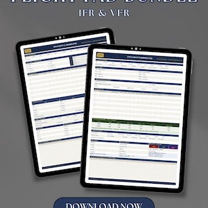 Puede incluir: Dos tabletas digitales que muestran blocs de planificación de vuelo, etiquetados IFR y VFR, con una combinación de colores azul oscuro y blanco. El texto "FLIGHT PAD BUNDLE" y "Compatible with Foreflight" son visibles. Un botón "DESCARGAR AHORA" está en la parte inferior.