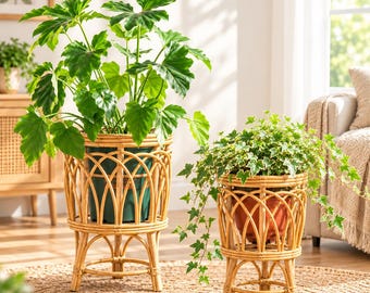 Soporte para plantas de ratán tejido a mano, macetero de suelo de estilo nórdico bohemio, soporte de mimbre natural
