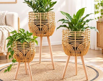 Handwoven Rattan Plant Stand, Nordic Woven Basket Planter, Indoor Outdoor Decor