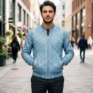 Sky Blue Leather Biker Jacket Men | Stylish Slim Fit Motorcycle Jacket