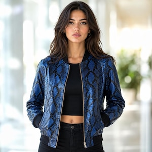 Chaqueta de cuero de serpiente para mujer estilo motero – Prenda de abrigo elegante con cremallera Lederjacken Herren