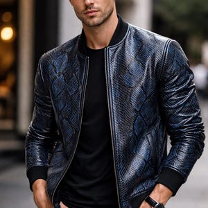 Men’s Snakeskin Print Bomber Jacket – Python Pattern Fashion Outerwear Jackets
