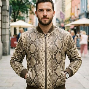 Handcrafted Men’s Gold Python Leather Jacket – Exotic Snakeskin Slim-Fit Luxury Statement Jacket