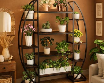 Soporte alto curvo para plantas de 8 niveles, estante industrial de metal para plantas, exhibición en interiores y exteriores.