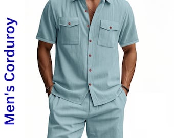 Men's Corduroy Shirt and Shorts Set, Casual Summer Two-Piece vintage style Outfit