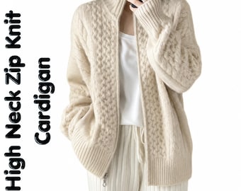 Women's Heavyweight Cashmere Blend Turtleneck vintage style Sweater, Zip Up Knit Cardigan, Oversized Wool Blend , Thick Winter Knitted