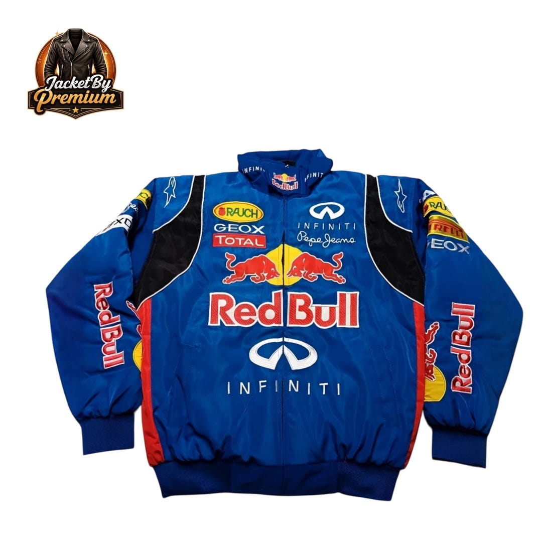 Embroidered Red Bull Style Racing Jacket, Vintage Cotton Biker Style ...