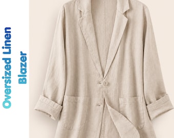 Plus Size Leinenmischung Blazer, Loose Fit Jacke im Vintage-Stil