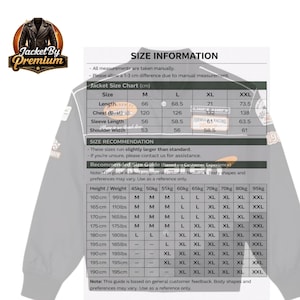 May include: Size chart for a jacket, with measurements in centimeters and a size recommendation guide based on height and weight in pounds and kilograms. The chart includes sizes M, L, XL, and XXL.