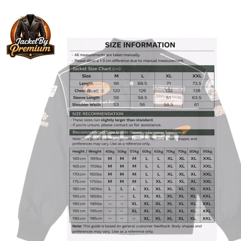 May include: Size chart for a jacket, with measurements in centimeters and a size recommendation guide based on height and weight in pounds and kilograms. The chart includes sizes M, L, XL, and XXL.