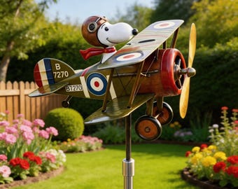 Molino de viento biplano Flying Ace Dog, molino de viento de jardín biplano retro de Snoopy, molino de viento de jardín clásico de Snoopy piloto, molino de viento de jardín de Snoopy piloto