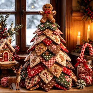 Könnte beinhalten: Ein dekorativer Weihnachtsbaum aus Stoff, bestehend aus geschichteten, blattförmigen Steppelementen mit Lebkuchenmännern, Zuckerstangen und Pfefferminzmustern in Rot, Grün und Weiß. Ein Plüsch-Lebkuchenmann sitzt an der Spitze des Baumes.
