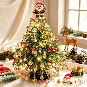 Pode incluir: Uma árvore de Natal decorativa feita de contas verdes, adornada com ornamentos de contas multicoloridas e luzes brancas quentes. Uma figura de Pai Natal feita de contas está no topo. A árvore está montada numa base circular preta.