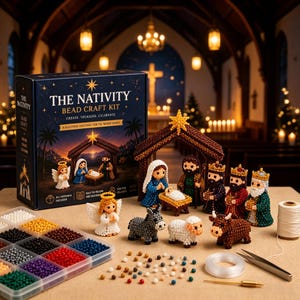 May include: The Nativity Bead Craft Kit box features a nativity scene illustration. Included are finished beaded figures of an angel, Mary, Joseph, baby Jesus, three kings, a donkey, a sheep, and a cow, plus a bead organizer, thread, and tools.