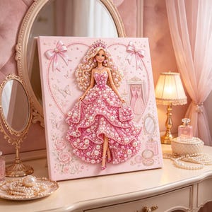 Può includere: Un quadro su tela rettangolare raffigurante una bambola bionda che indossa un voluminoso abito rosa impreziosito da numerose perle bianche. La bambola indossa una corona di perle e tiene una borsa abbinata. Lo sfondo include fiocchi, rose e farfalle.
