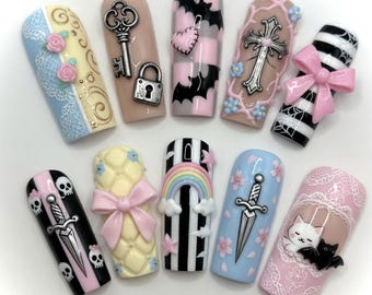 Handmade Pastel Goth Press On Nails 3D Dagger Cross Nails Cute Coquette Bow Lace Nails Bat Skull Key Lock Glue On Nails Rainbow Kawaii Gift