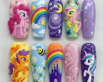 My Little Pony Press On Nails 3D Pinkie Pie Fluttershy Nails Rainbow Galaxy Moon Star Nails Castle Bumble Bee Unicorn Nails Handmade Gift