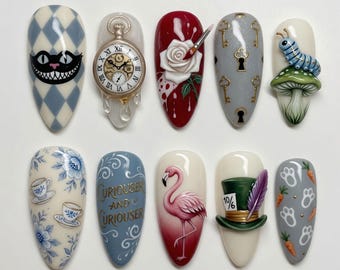 Handmade Alice in Wonderland Press On Nails 3D Melting Clock Mad Hatter Hat Nails Painted Rose Flamingo Caterpillar Nails Surreal Art