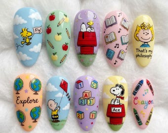 Handmade Snoopy School Press On Nails Peanuts Charlie Brown Nails Cute Woodstock Fly Nails Sally Brown Philosophy Book Crayon Nails Gift