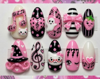 Punk Kawaii Press On Nails 3D Music Note Nails Cute Witch Hat Nails Pink Black Ghost Kitty 777 Heart Bow Strawberry Nails Handmade Gift