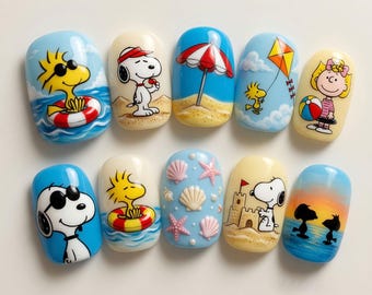 Snoopy Summer Beach Press On Nails 3D Shell Starfish Nails Cute Woodstock Sally Brown Nails Sandcastle Kite Sunset Nails Handmade Gift