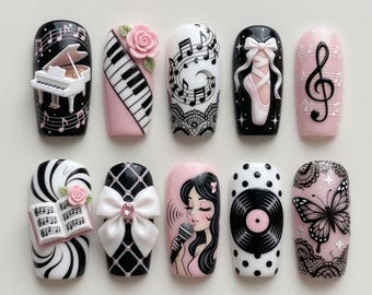 Pink & Black Musical Press On Nails 3D Ballet Slipper Piano Nails Cute Music Note Rose Butterfly Nails Vinyl Record Bow Nails Handmade