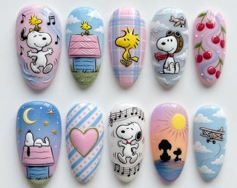 Snoopy Press On Nails 3D Peanuts Nails Cute Woodstock Nails Sunset Silhouette Airplane Cherry Nails Music Note Heart Nails Handmade Gift