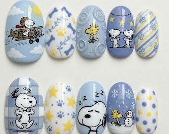 Snoopy Press On Nails Blue Sky Airplane Nails Cute Woodstock Nails Winter Snowman Nails Snoopy Paw Bone Star Nails Gingham Nails Handmade
