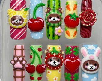 Handmade Rilakkuma Press On Nails 3D Fruit Bear Nails Cute Strawberry Cherry Watermelon Nails Bunny Bear Paw Rose Glue On Nails Kawaii Gift