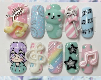 Handmade Hatsune Miku Press On Nails 3D Anime Music Note Nails Cute Star Cat Nails Pastel Pink Blue Cross Key Button Nails Kawaii Gift