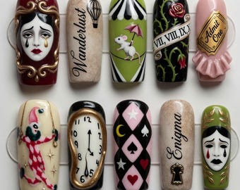 Vintage Circus Press On Nails 3D Pierrot Clown Nails Magique Melting Clock Enigma Wanderlust Rose Thorns Harlequin Admit One Ticket Handmade