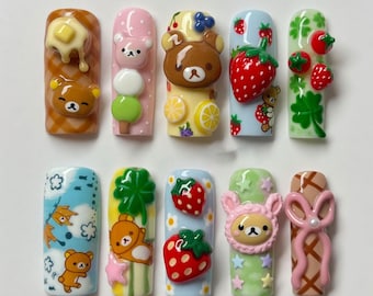 Kawaii Rilakkuma Press On Nails 3D Strawberry Nails Cute Bear Dango Pancake Nails Clover Lemon Fruit Glue On Nails Handmade Gift for Her