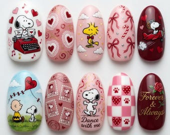 Handmade Snoopy Press On Nails Cute Woodstock Nails Valentine Love Heart Nails Charlie Brown Kite Typewriter Nails Pink Red White Gift