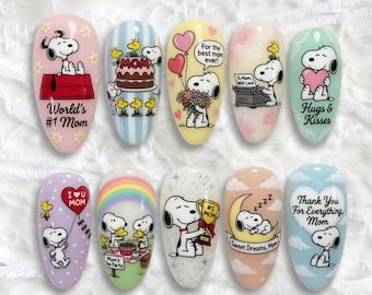 Snoopy Mother's Day Press On Nails 3D Peanuts Nails World's #1 Mom Nails Cute Woodstock Cake Rainbow Hugs & Kisses Heart Nails Handmade