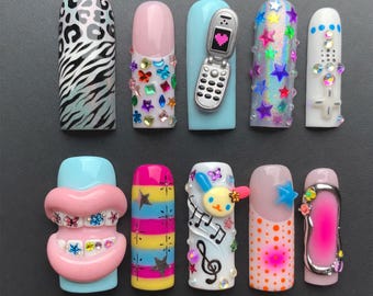 Y2K Retro Press On Nails 3D Flip Phone Nails Cybercore Braces Lips Nails Cute Star Holographic Nails Kawaii Animal Music Nails Handmade