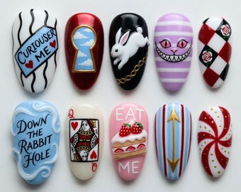 Handmade Alice in Wonderland Press On Nails 3D Strawberry Cake Nails Cute White Rabbit Keyhole Nails Queen of Hearts Nails Fantasy Art
