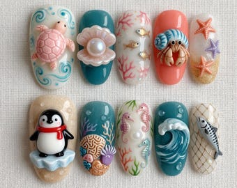 Handmade Ocean Press On Nails 3D Penguin Turtle Nails Cute Hermit Crab Pearl Shell Nails Starfish Sea Horse Coral Nails Beach Summer Gift