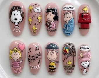 Handmade Snoopy Press On Nails 3D Pink Glitter Nails Charlie Brown Lucy Linus Nails My Sweet Babboo Kite-Eating Tree Nails Peanuts Gift