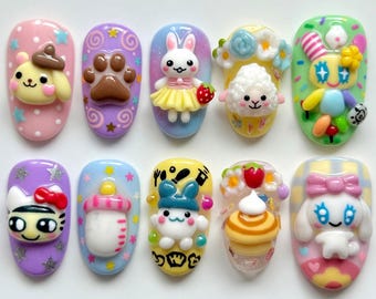 Kawaii Animal Press On Nails 3D Bunny Sheep Puppy Nails Cute Baby Bottle Dessert Nails Strawberry Cake Bear Paw Nails Handmade Gift for Her