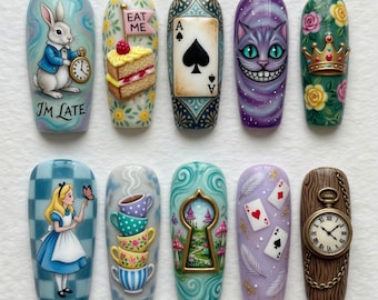 Handmade Alice in Wonderland Press On Nails 3D White Rabbit Nails Cheshire Cat Eat Me Cake Nails Teacup Keyhole Nails Fantasy Luxury Art