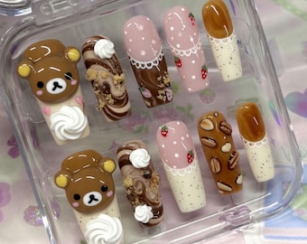 Handmade Rilakkuma Press On Nails 3D Bear Coffee Nails Cute Caramel Latte Strawberry Cream Glue On Nails Whipped Cream Cookie Kawaii Gift