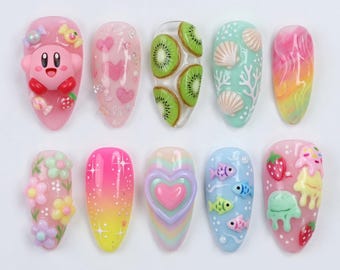 Handmade Kirby Press On Nails 3D Pink Kirby Nails Cute Kiwi Fruit Nails Seashell Coral Ocean Nails Heart Jelly Nails Pastel Kawaii Gift