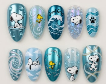 Handmade Snoopy Press On Nails 3D Peanuts Nails Cute Woodstock Surf Nails Good Grief Wave Nails Blue Chrome Water Drop Nails Summer Gift