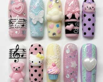 Handmade Kawaii Press On Nails 3D Hello Kitty Nails Cute Music Note Nails Pink Lace Butterfly Cupcake Cloud Heart Nails Pastel Dreamy Gift