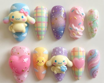Handmade Cinnamoroll Press On Nails 3D Puppy Nails Cute Galaxy Star Nails Pink Cotton Candy Ice Cream Plaid Sun Sakura Nails Kawaii Gift