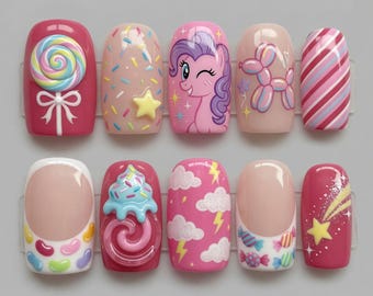 Handmade My Little Pony Press On Nails 3D Lollipop Nails Cute Pinkie Pie Nails Candy Sprinkles Balloon Dog Jelly Bean Nails Kawaii Gift